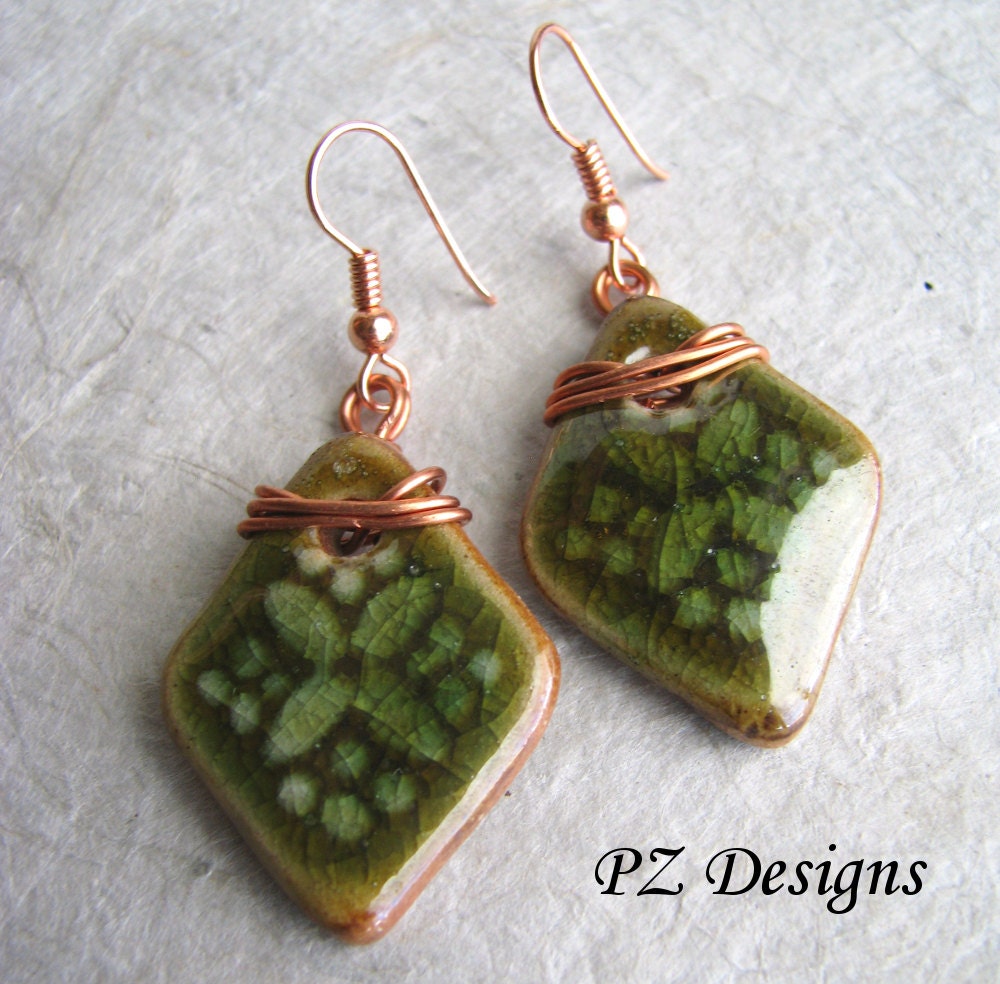 Green Ceramic Wire Wrapped Earrings - Floral, Diamond, Copper