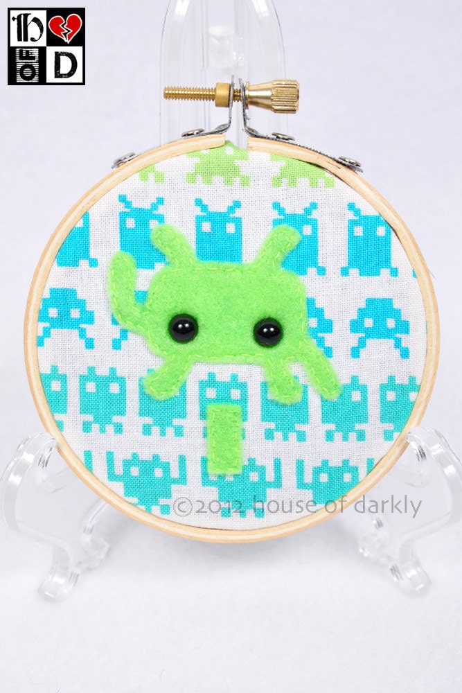 Space Invaders alien video game tiny fooplique applique handstitched wall art or ornament