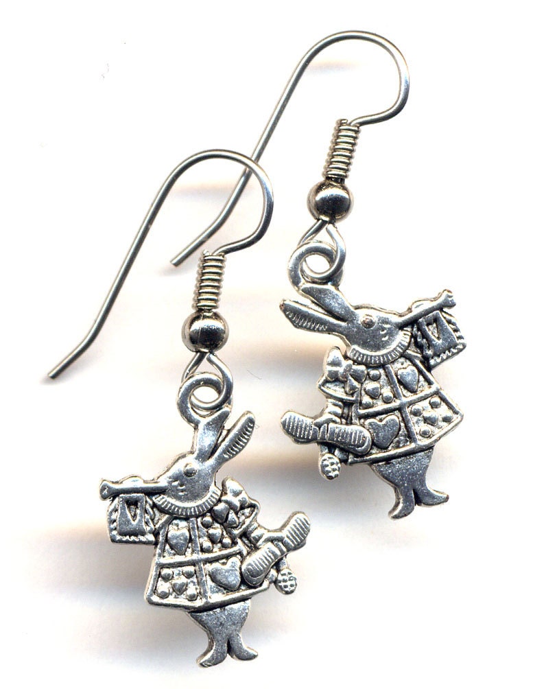 Alice in Wonderland White Rabbit Earrings, Bunny Earrings, Surgical Steel Earrings, Handmade jewelry by AnnaArt72