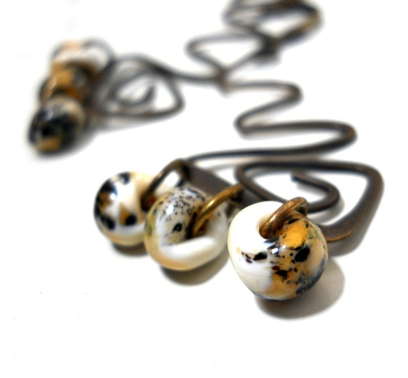 Wavy Brass Beaded Earrings, Lampwork Drops, Natural Colors, Earthy, Rustic Boho Fashion, White Tan, Black Glass Beads, Art Nouveau
