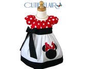 Custom Boutique style Minnie Mouse Peasant Dress Red Polkadots, White and Black with Applique