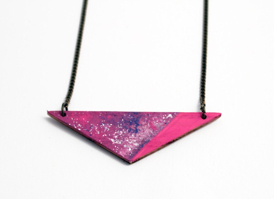 Geometric Galaxy space, triangle wooden necklace - pink, blue, purple with white stars - minimalist, modern jewelry