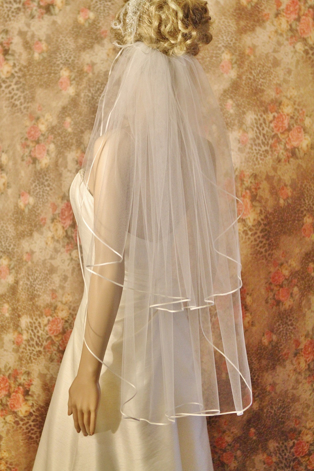 FINGERTIP VEIL,  waltz veil length 2 tier Ribbon Edge, Satin Edge