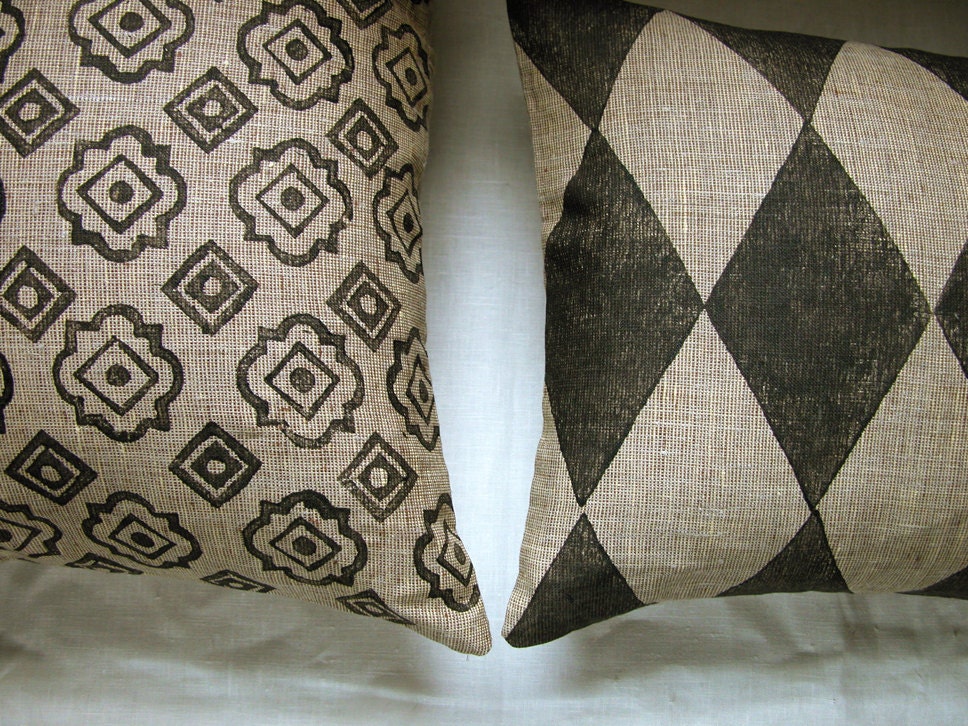 Black and Tan Foulard or Argyle Menswear Hand Printed Linen PIllow Case