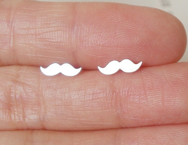 mustache earring studs in sterling silver, handmade in the UK