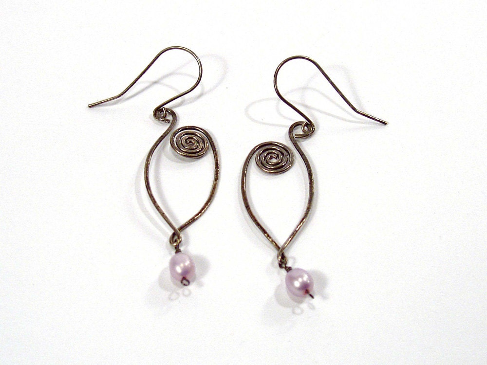 Artisan Earrings, Oxidized Silver, Lavender Pearl, Spiral Jewellery