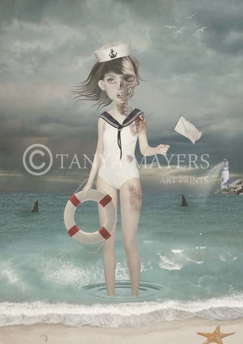 Nautical Art Print - Sailor Girl & Sharks - Last Chance