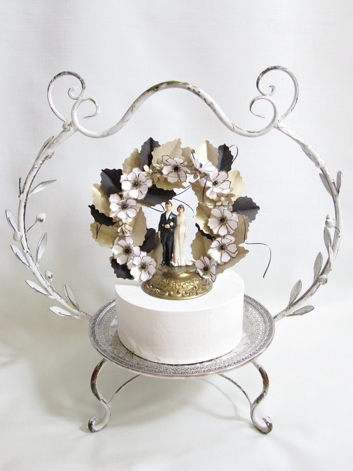 Handmade Black, Gold and White Vintage Inspired Wedding Cake Topper