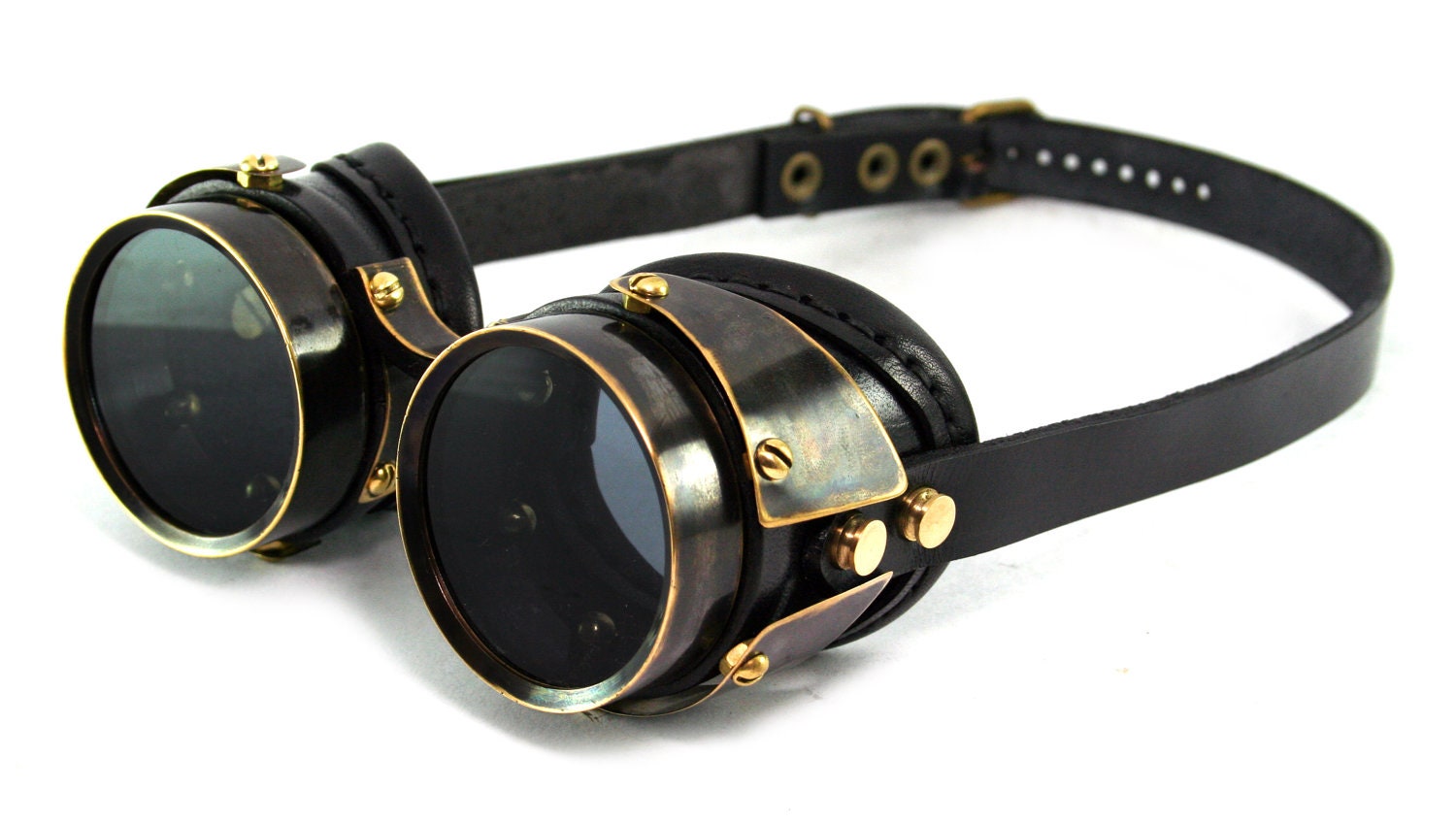 STEAMPUNK GOGGLES black leather blackened brass QUAD Light Frames