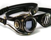 STEAMPUNK MONOGOGGLE and EYEPATCH  black leather blackened brass gears Flex Solid Frame O