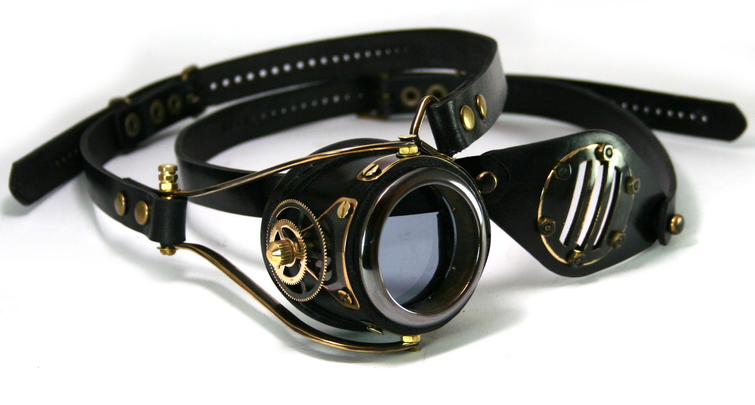 STEAMPUNK MONOGOGGLE and EYEPATCH black leather blackened brass gears Flex Solid Frame O