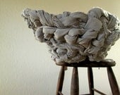 gray fiber sculpture, primitive canvas bowl weave
