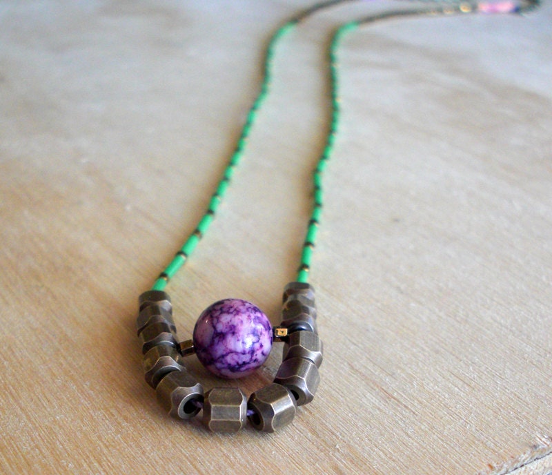 IN MY MIND - Dyed fossil stone, faceted African brass, retro green Japanese glass tubes, bronze hex, amulet