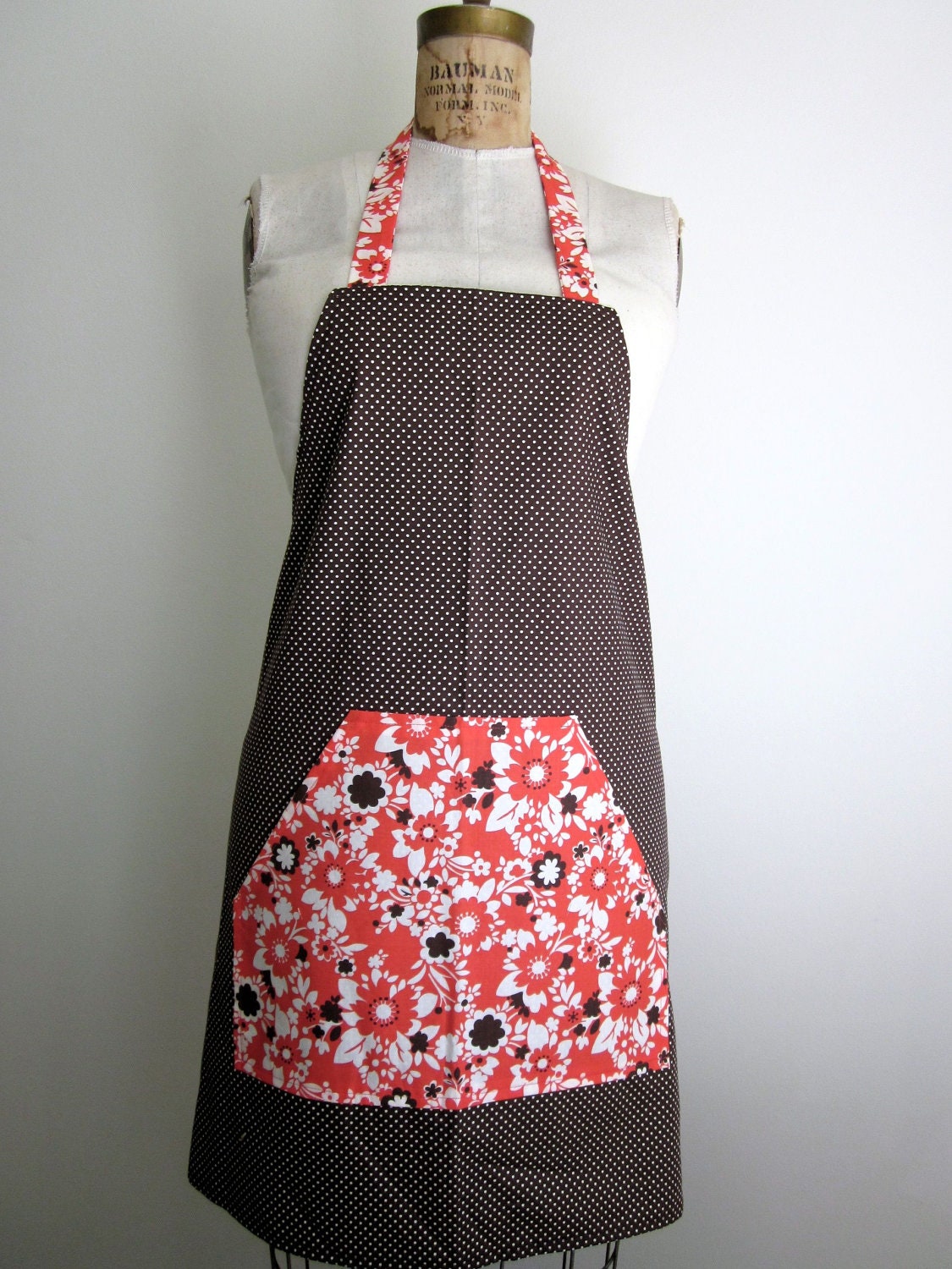 Brown Polka Dot and Red Floral Full Apron