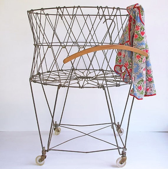 vintage wire laundry basket wheels and by KatyBitsandPieces