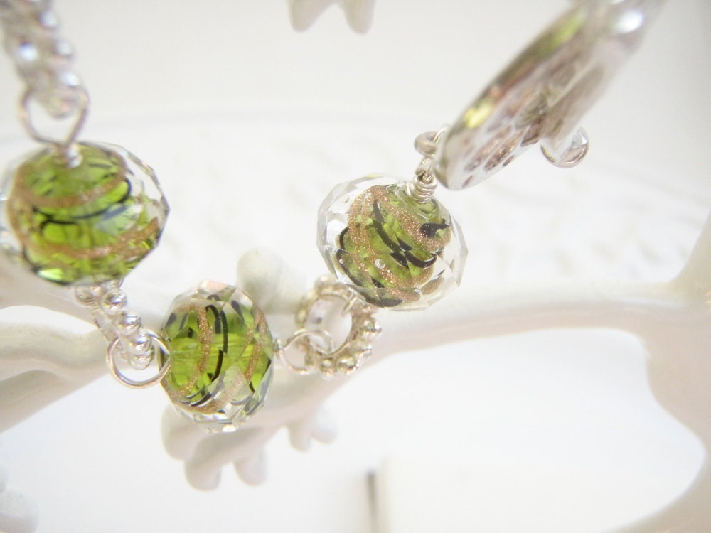Olive Green Heart Crystals Sterling Silver Wire Wrapped Bracelet