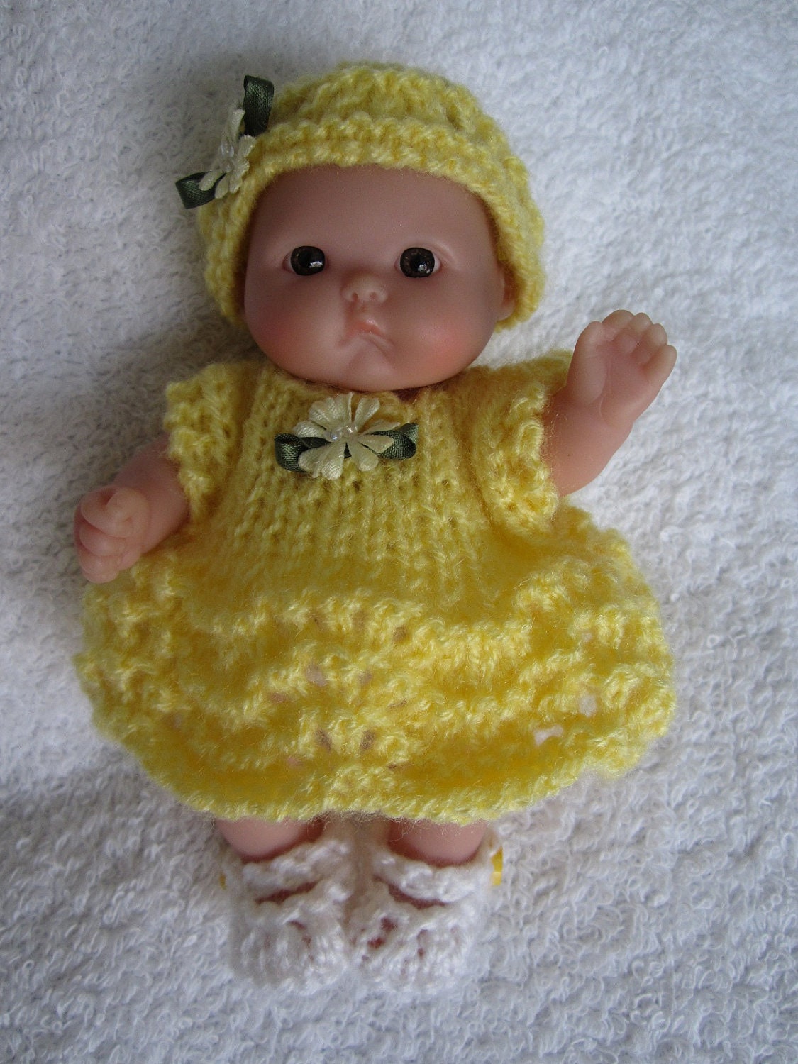 Hand Knit Yellow Dress Set for 5 inch Berenguer Bitty Baby Doll Clothes