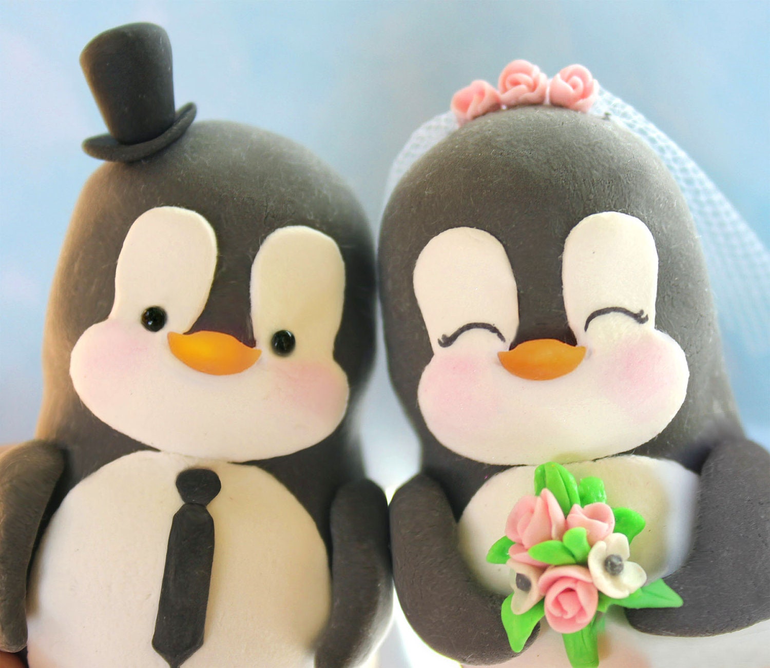 Custom Penguin wedding cake toppers - bride and groom personalized elegant love bird