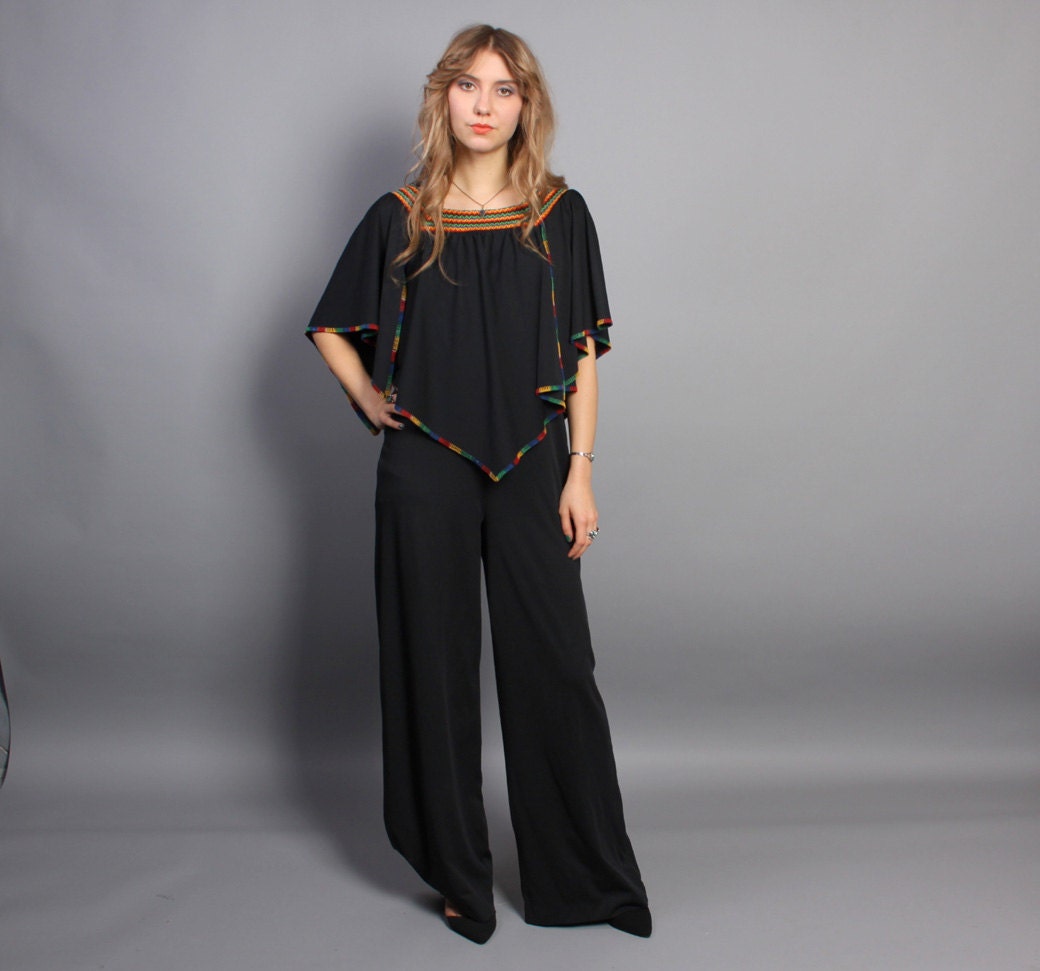 70s PALAZZO JUMPSUIT / Rainbow Striped Draped Kimono Romper