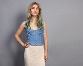 90s DENIM BUSTIER TOP / Buttoned Blue Jean Tank, m