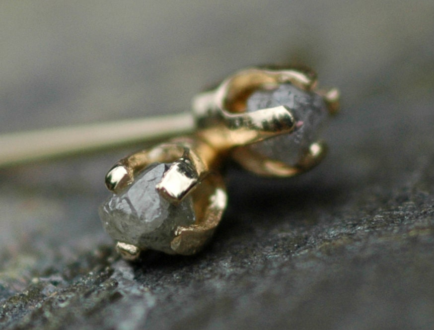 Small Rough Silver Diamonds in 14k  Gold Earrings