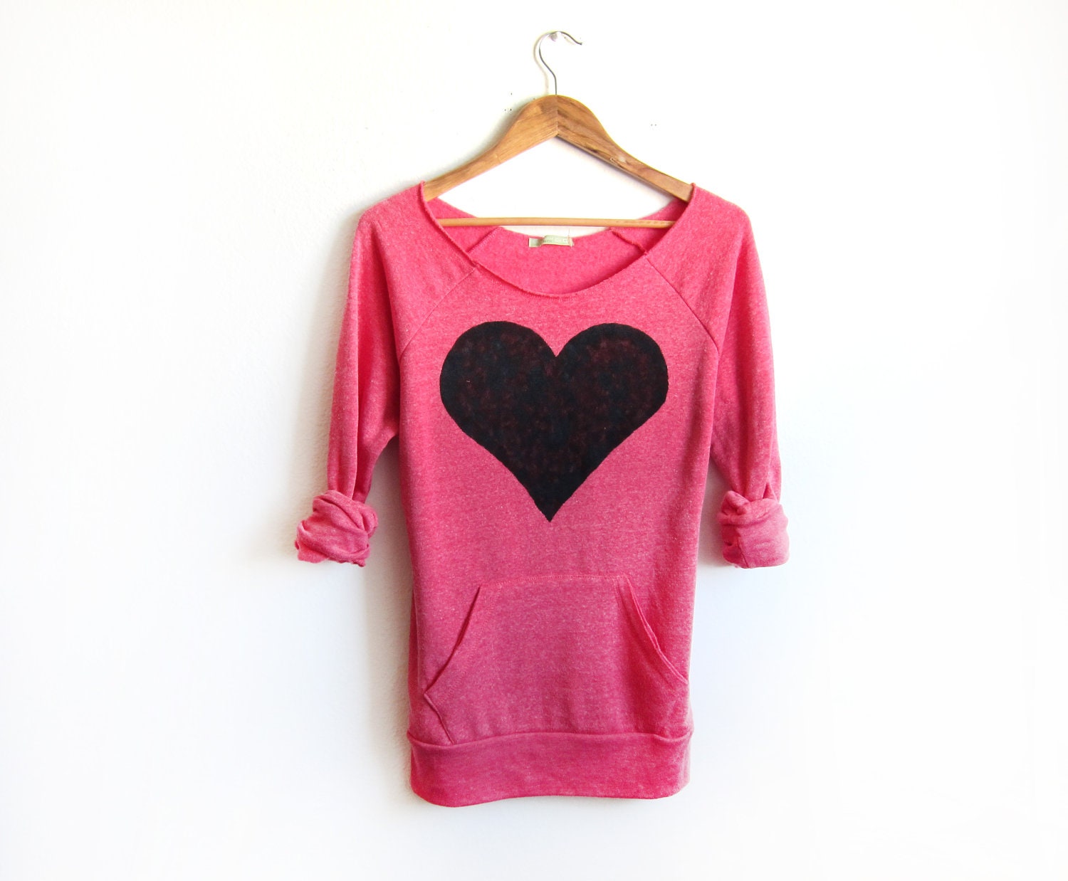 Black Heart Hand STENCILED Deep Scoop Neck Heather Artist Series Sweatshirt in Deep Pink - S M L XL