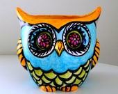 Owl Decor Ceramic Flower Pot Planter Painted Garden Folk Art Woodland Heart Feathers Stripes Turquoise Blue Orange Pink Green