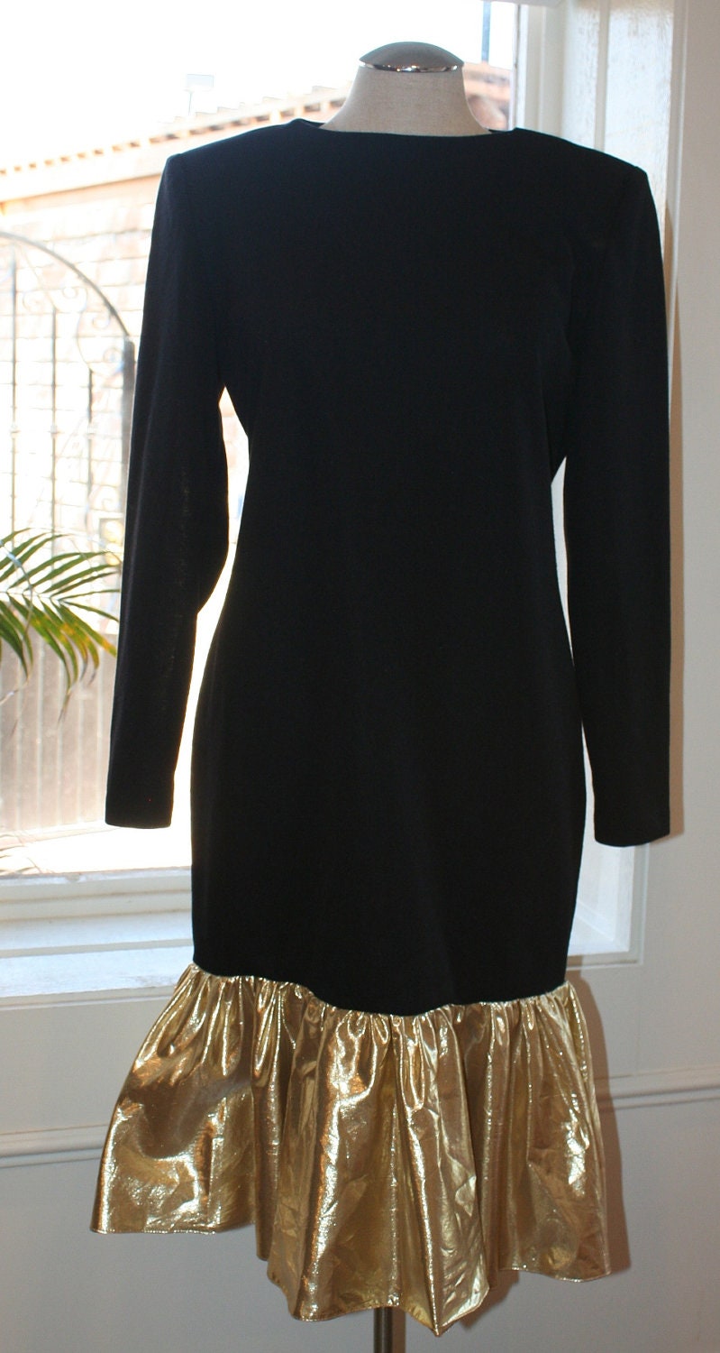 Calling Gloria - Circa 1980s Little Black Dress with Gold Lame Ruffle - Mermaid Style Party Dress