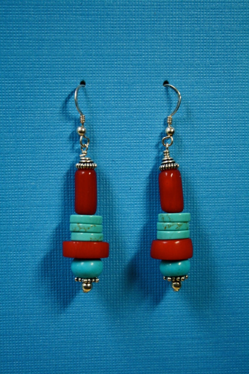 Sleeping Beauty Turquoise, Red Coral, and Sterling Silver Earrings