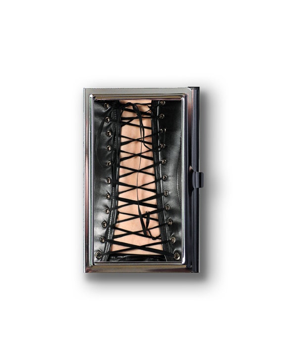 Business Card Case Black Leather Corset Metal Case Fits Business, Credit, Debit and Gift Cards