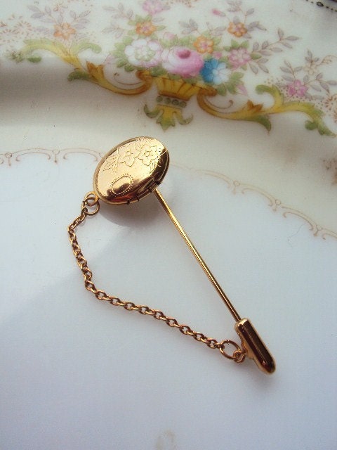 Vintage Etched Locket Brooch Stick Pin Chain 1960s