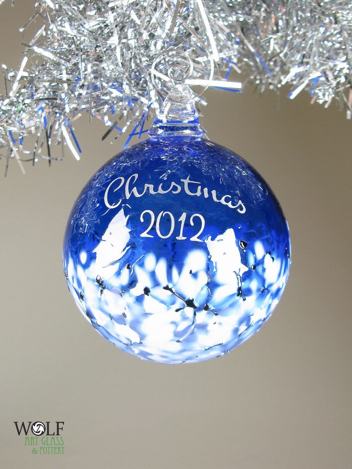 Etch Ornament Blown Glass Tree Ornament Silver Christmas 2012 or 2013 Etched Ball Sapphire Blue Ornament Blossom
