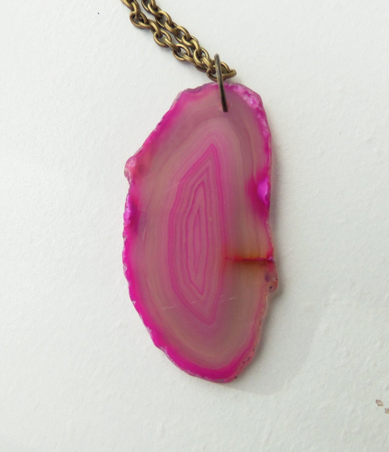 Hot Pink Agate Geode Necklace with Brass Chain