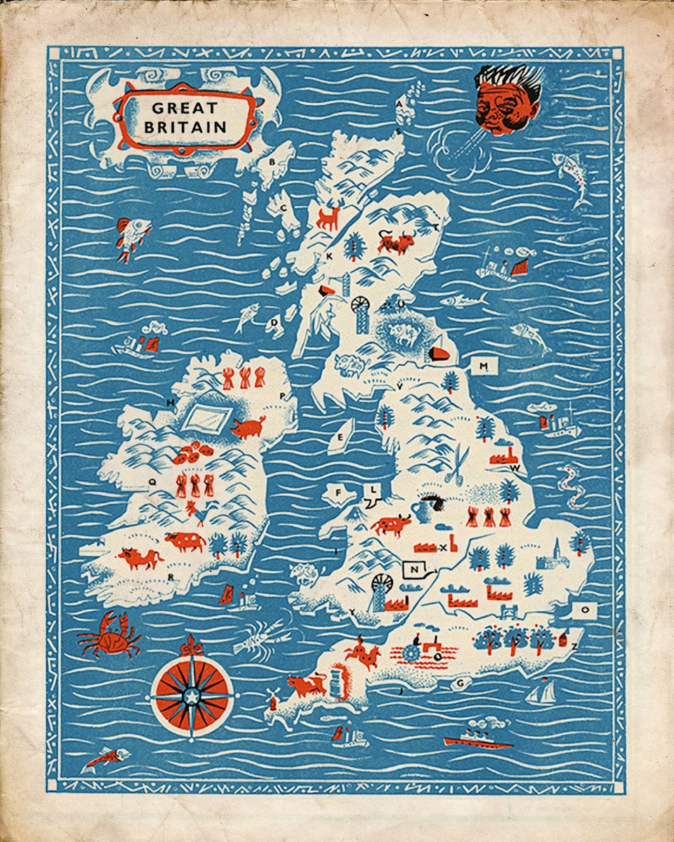 Vintage England Map "Great Britain" Antique British Map - Red White and Blue Nautical Art Print - Mid Century Modern Art