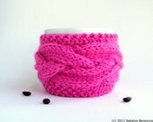 Pink Cup Cozy - Coffee Cozy - Coffee Sleeve - Cabled Cup Cozy Summer Neon Raspberry Bright Berry Bright Flourescent - Graduation Gift