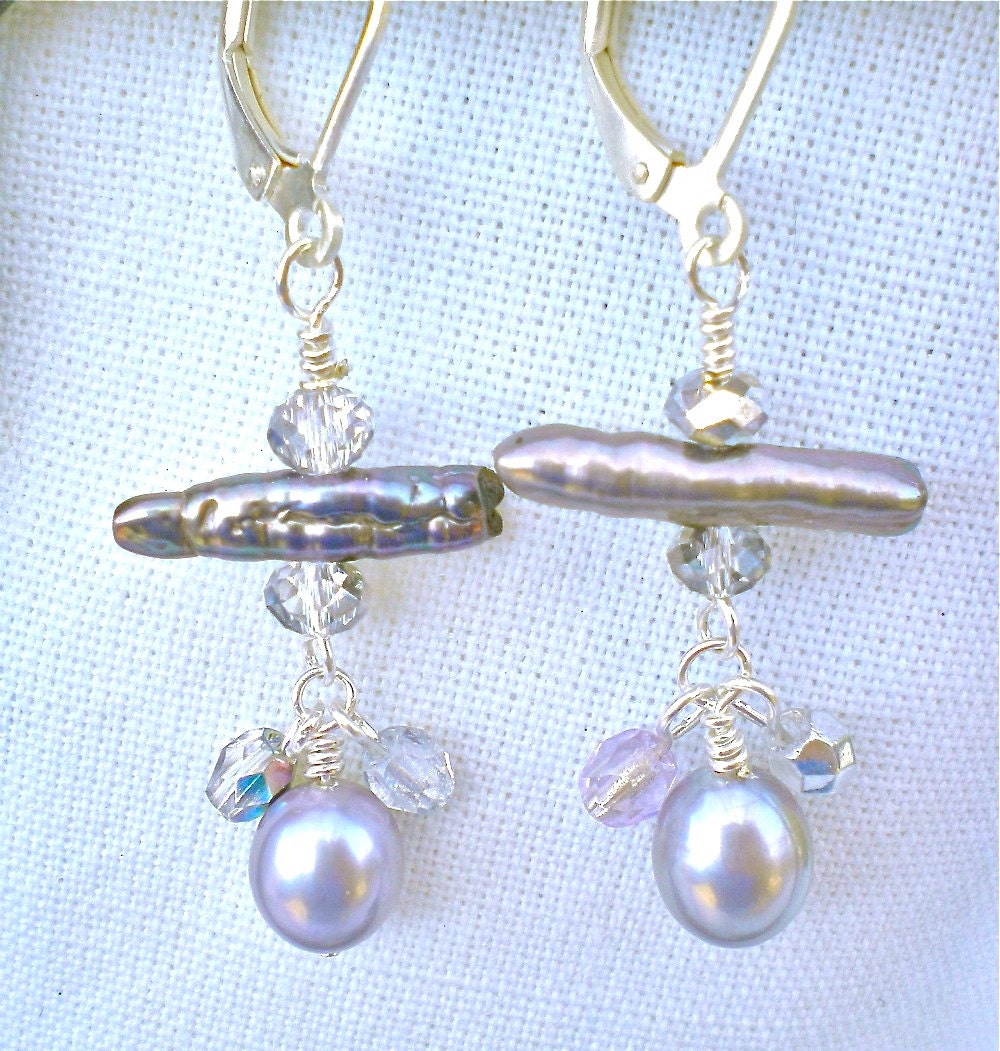Earrings Gray Pearls Rainbow Sparkle