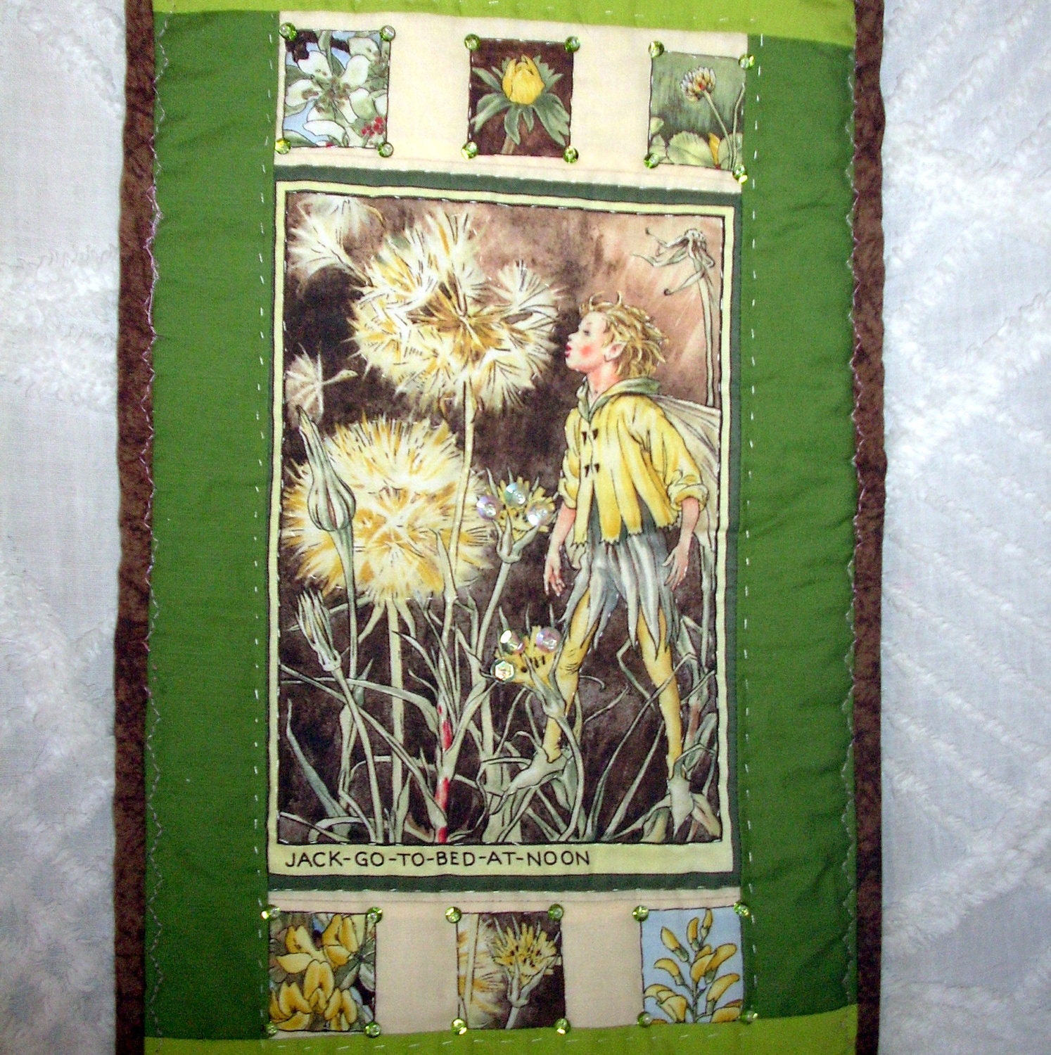 Fairy Mini Quilt Bedroom Decor Handmade Cicely Mary Barker's Jack Go To Bed at Noon Flower Boy Fairies