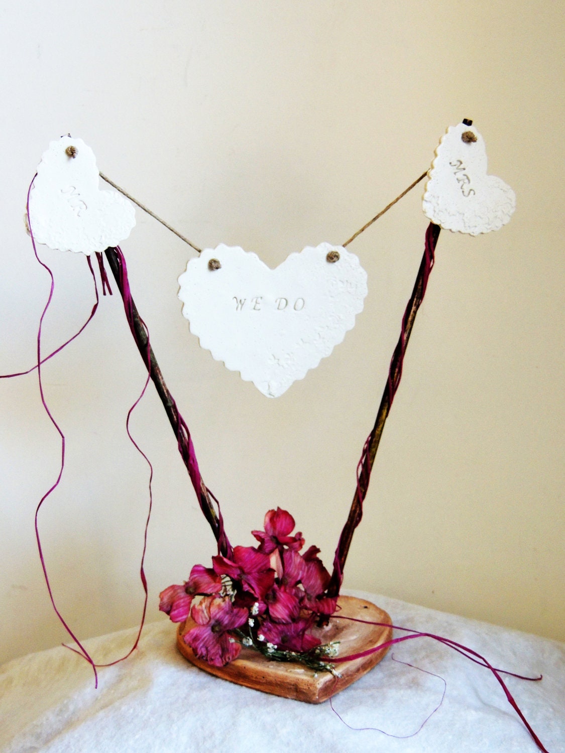 Wedding Cake Topper Personalized Rustic Unique Heart Wedding Decoration Banner Bunting Country Vintage Floral Theme