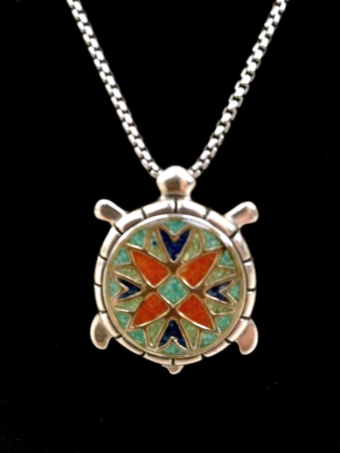SALE... Stunning Lapis, Coral and Turquoise Sterling  .925 Pendant/ Pin Turtle