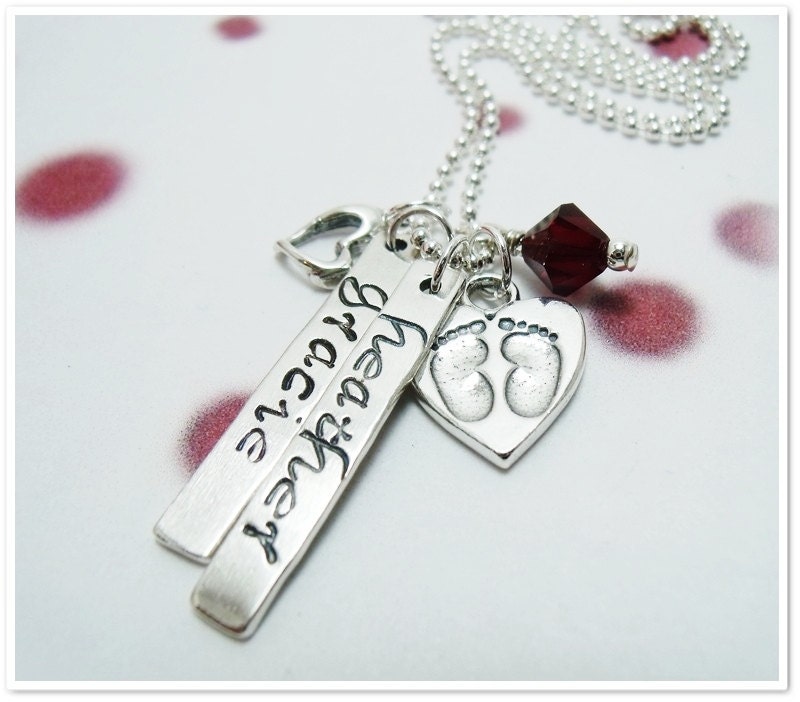 SALE -Personalized Mommy Necklace Name Date Two Tag Necklace with Baby Feet Charm Hand Stamped Mom Jewelry Twins