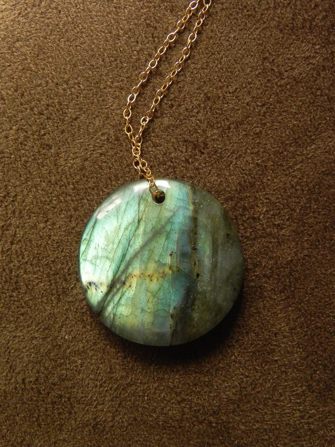 Large Fiery Labradorite Coin and 14kt Gold Fill Chain Necklace
