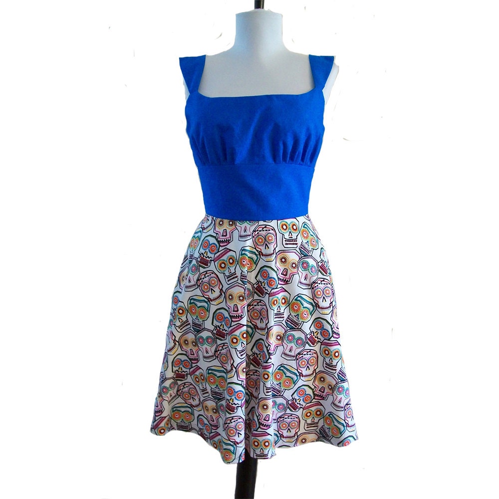 Blue Sugar Skull print Rockabilly swing dress