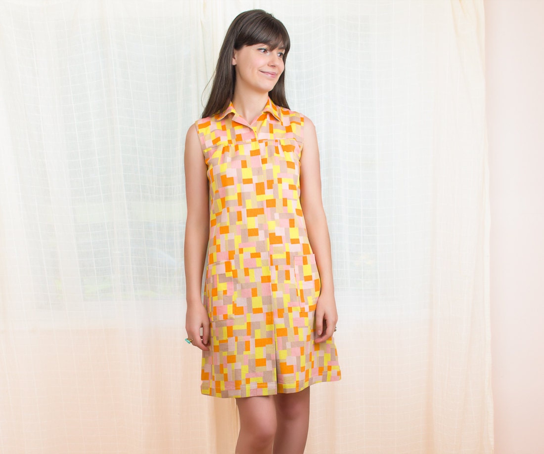1960s Summer Dress - Vintage 60s Mosaic Orange Mini Dress - Cotton Dress - S