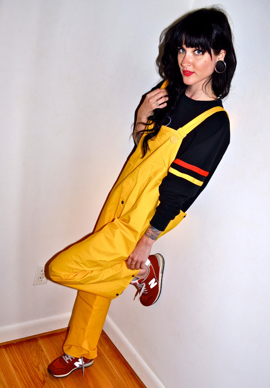 Make an Offer YELLOW OVERALLS Vintage Bib Front Pants Waterproof Sailing and Fishing Foul Weather Coveralls  Mens sz Small S Ladies Medium M
