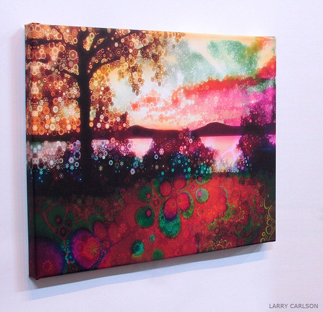 Hudson River Sunset ... water, mountains and fractals over the water, gallery-wrap canvas art