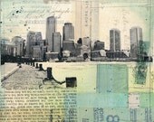 Harborwalk No. 4 - framed 8" x 10" original Boston skyline mixed media collage painting on paper