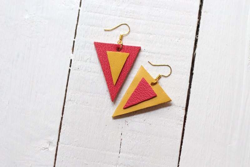 Leather earrings triangles - yellow and tangerine