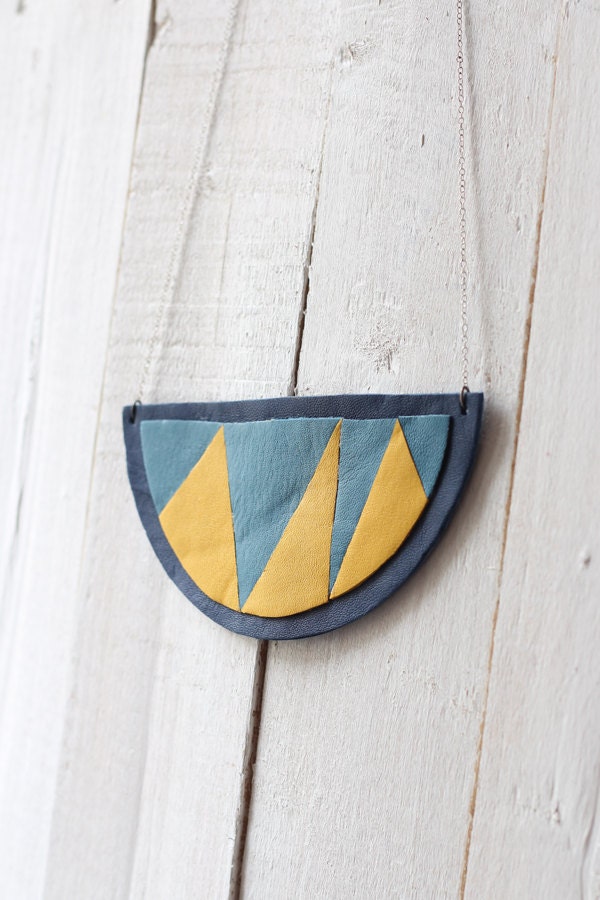 Leather breast plate geometric necklace - blue & yellow