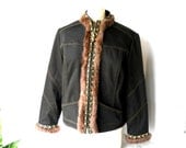 St. John Collection Black Denim Short Jacket // Brown Rabbit Hair Trim (size 8 US)