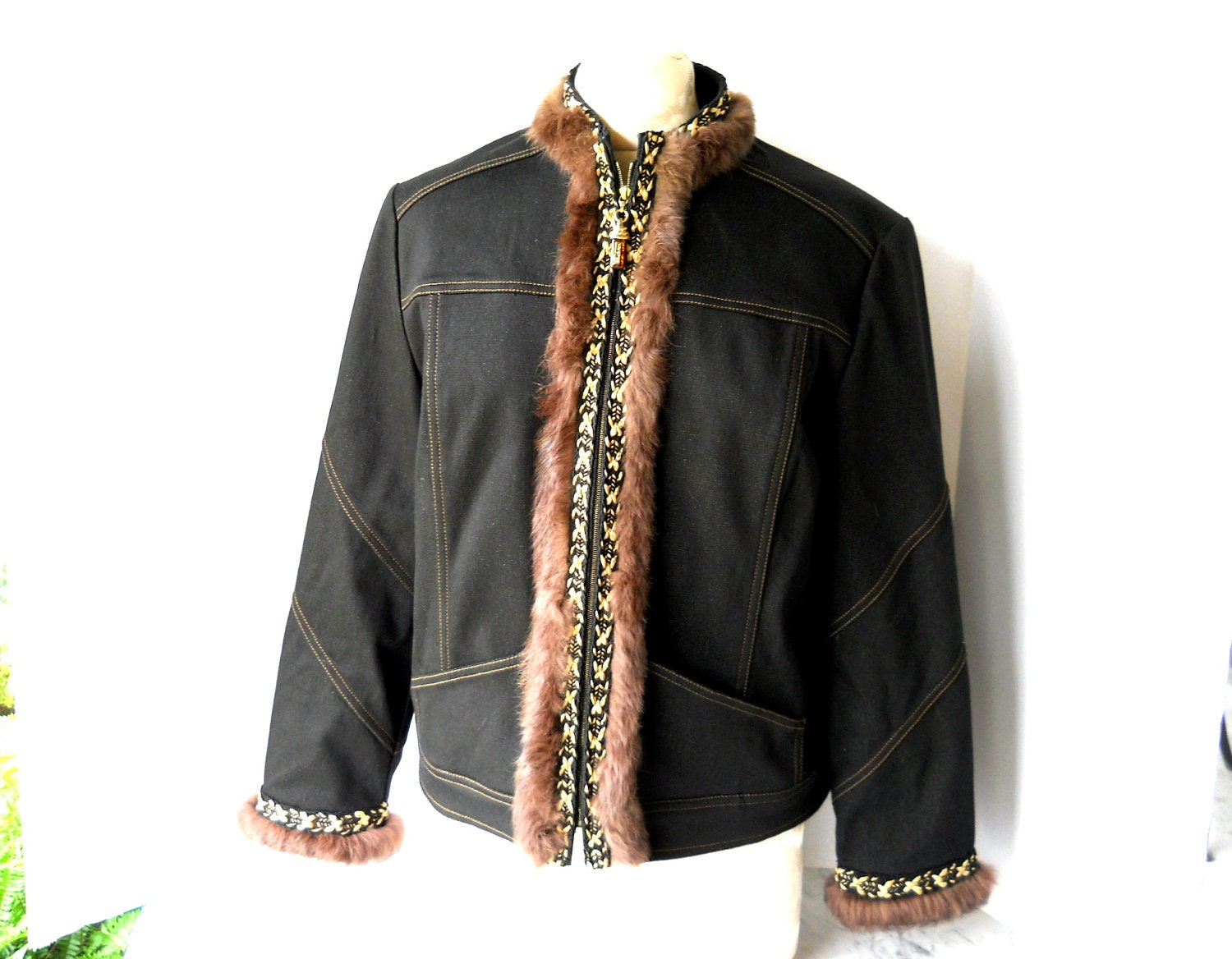 St. John Collection Black Denim Short Jacket // Brown Rabbit Hair Trim (size 8 US)